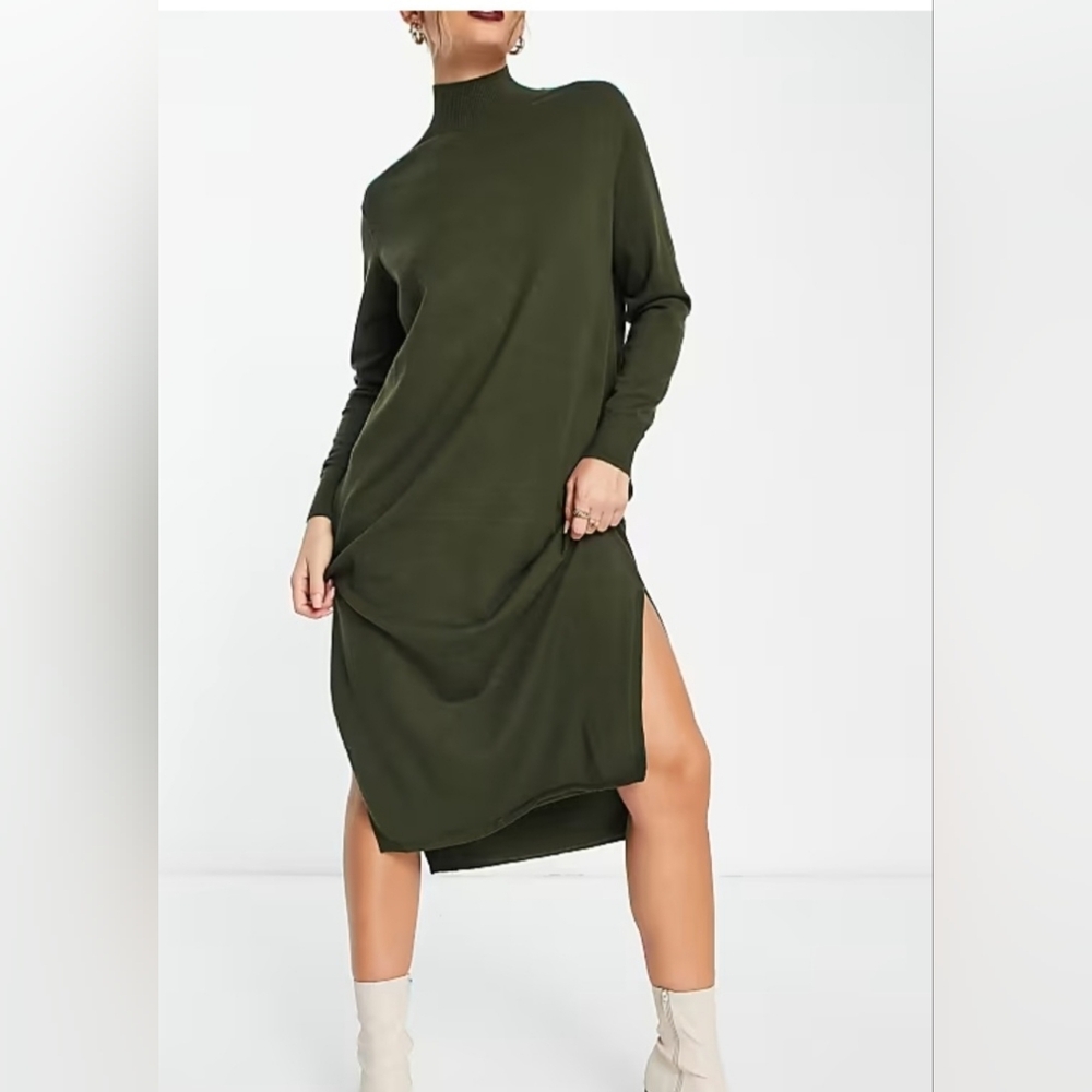 Mango olive-green Khaki Mock Neck Long Sleeve Side Slit Midi Dress